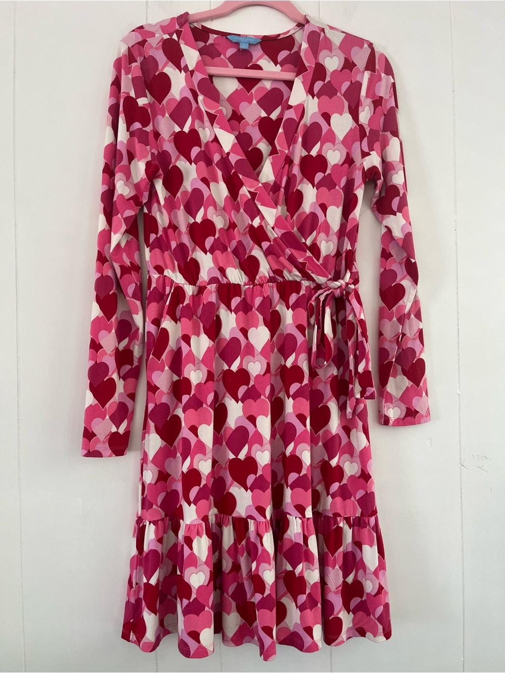 Draper James RSVP Long Sleeve Knit Wrap Dress Heart Print Pink Multi Size Small